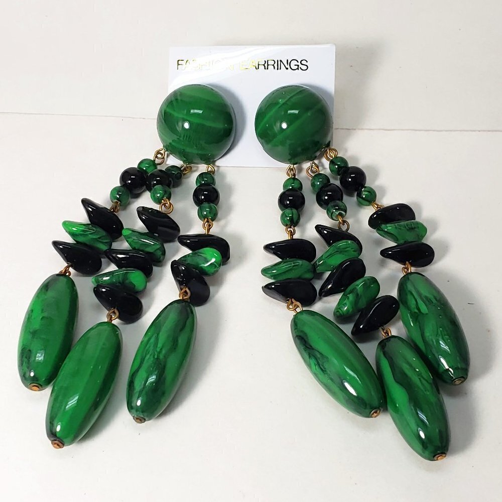 Women's Gold tone Green & Black Beads Fringed Post Drop Dangle long Earrings, 5" - Picture 2 of 6